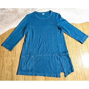 Poetry Pocket Tunic Shirt Womens Size 4 Hemp Organic Cotton 3/4 Sleeves Blue‎